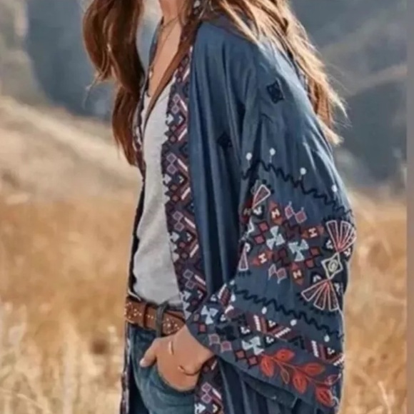 Johnny Was Mareen Heavily Embroidered Chambray Kimono Jacket NWT (Oversized) - Picture 4 of 12